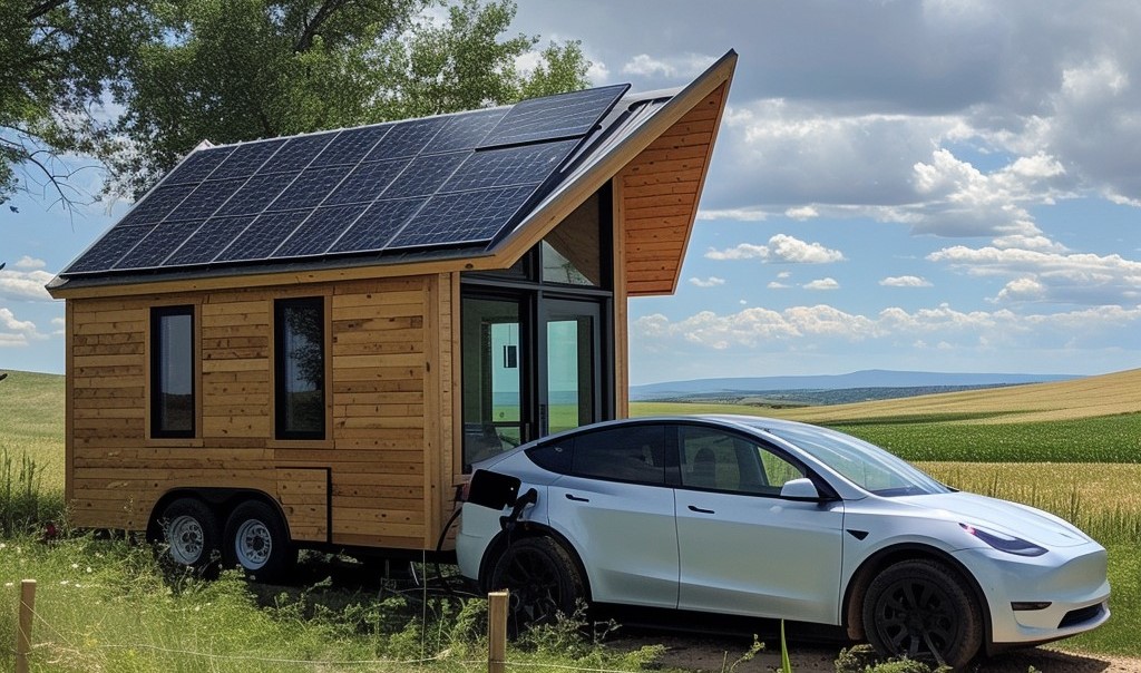 Tiny house with solar panels charging an EV