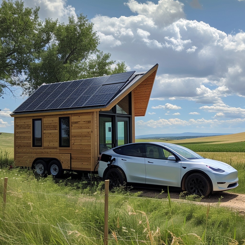 Tiny house with solar panels charging an EV