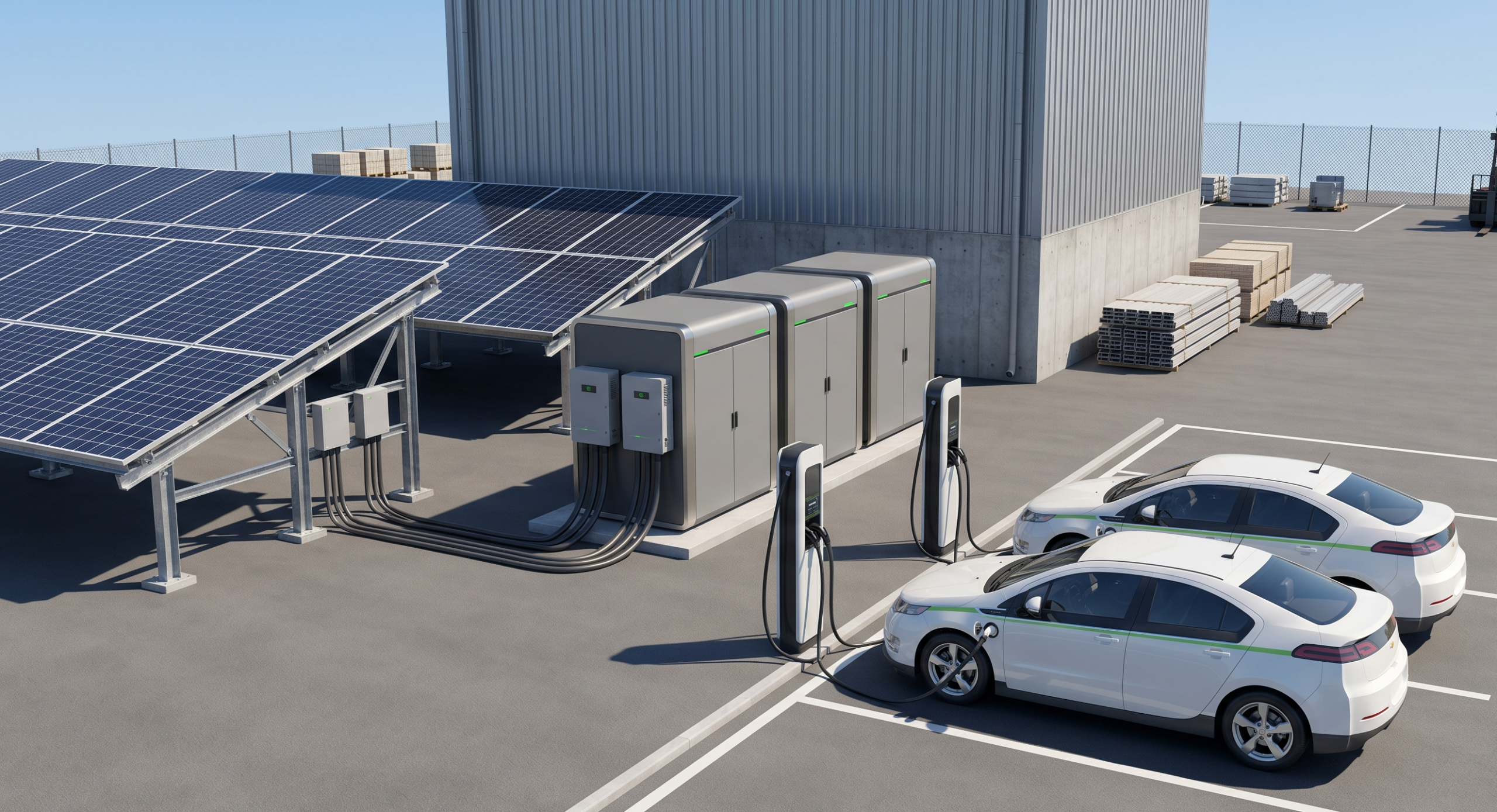 A heavy-duty commercial off-grid solar generator setup powering electric vehicles in an industrial fleet yard.