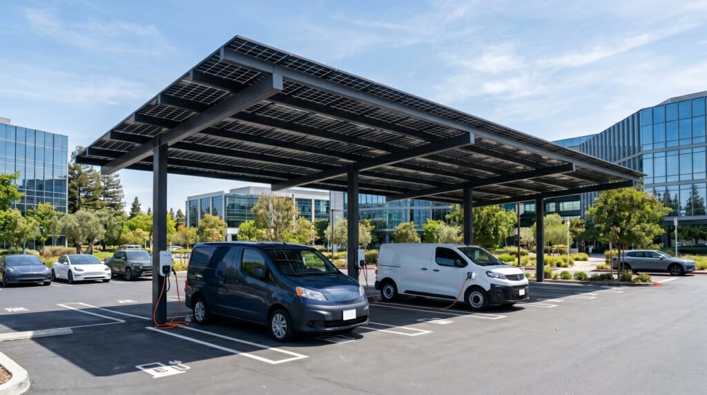 An off-grid solar EV charging system commercial canopy deployed in an industrial office park, using bifacial solar panels to power electric fleet vehicles.