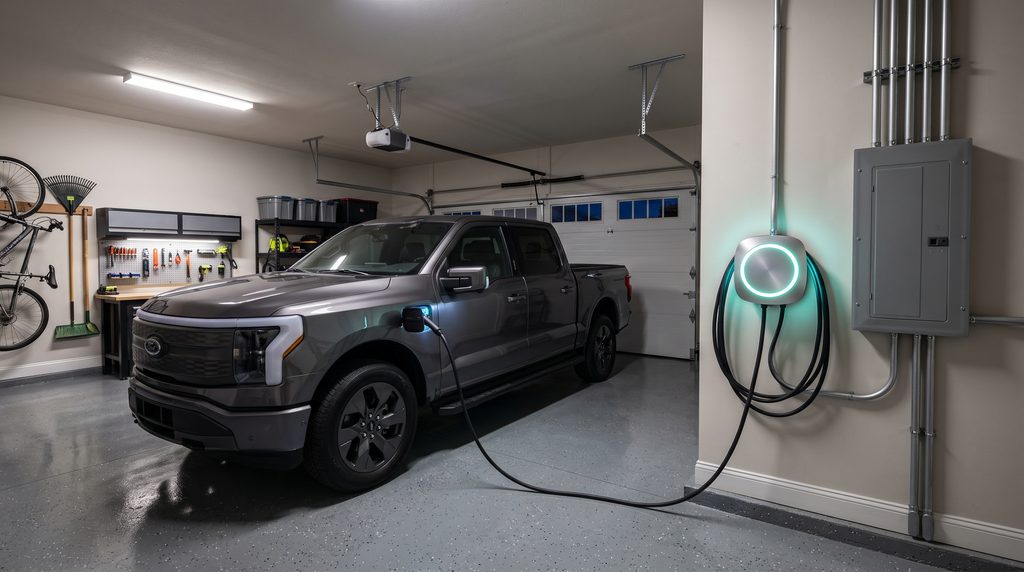Electric pickup truck plugged into a heavy-duty EV charger in a suburban home garage.