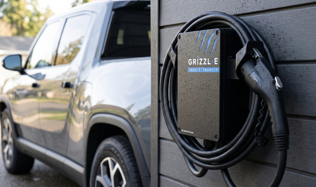 Rugged industrial-grade EV charger with an IP67 weatherproof rating mounted on a concrete wall outdoors during heavy rain.