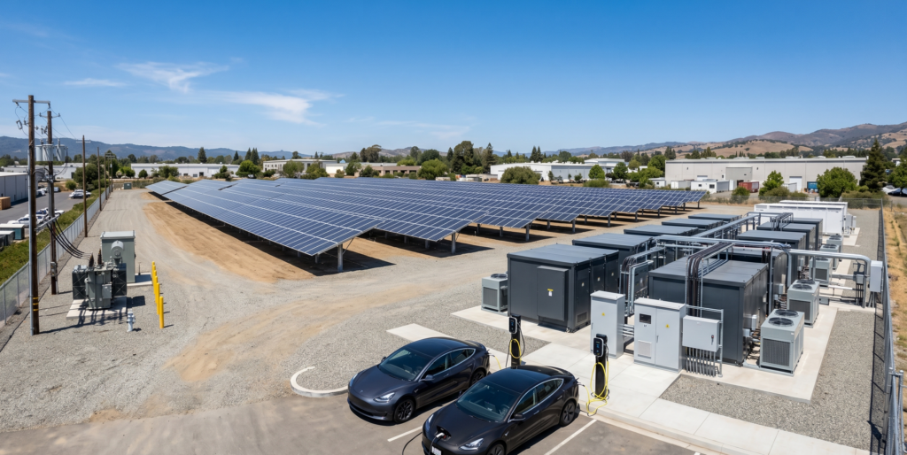 An aerial, wide-angle shot of a commercial off-grid solar generator setup located in an industrial fleet yard on a clear, sunny day. A large, ground-mounted array of solar panels spans the left side of the dirt yard. On the right, a fenced-in concrete pad houses a massive battery energy storage system consisting of several large, dark grey equipment enclosures, power inverters, and HVAC cooling units with visible fans. In the foreground, two dark grey electric vehicles are parked side-by-side, plugged into dual EV charging stations connected to the system. The background features light industrial buildings, green trees, and rolling hills under a bright blue sky.