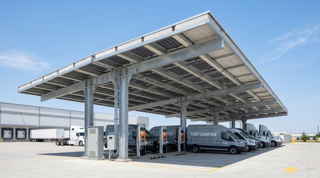 ChargePoint Performance & Infrastructure Split commercial charging yard with heavy duty structural panels under a solar canopy