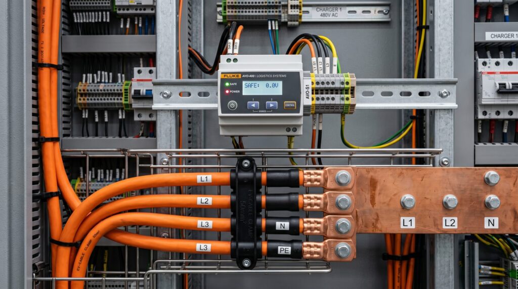 Close up view of heavy duty electrical infrastructure components inside a commercial charging station logistics distribution enclosure.