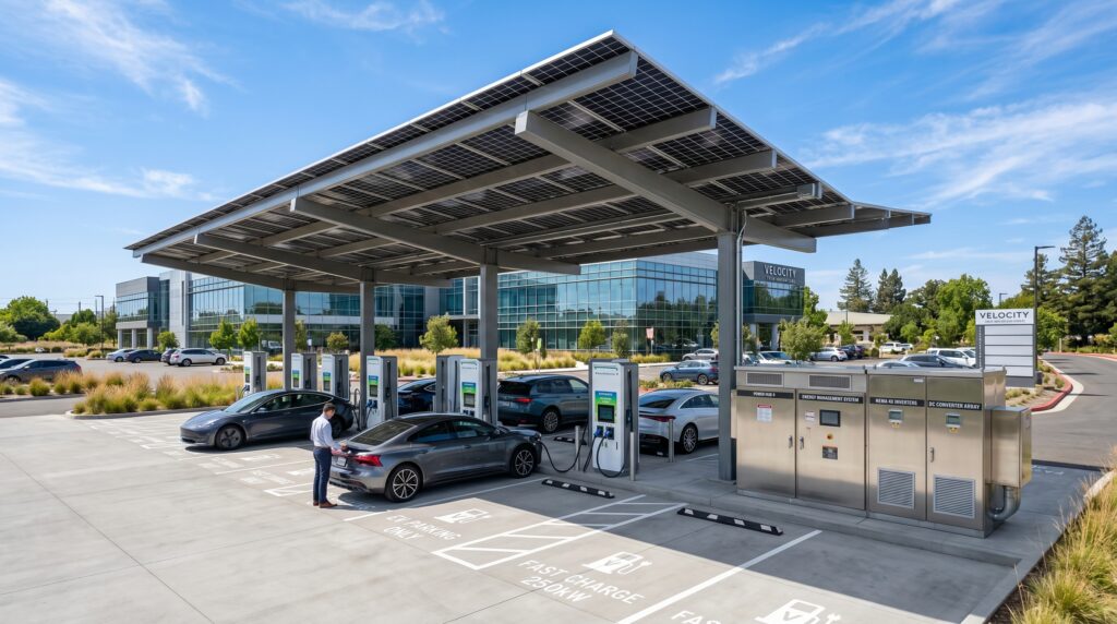 Large scale commercial EV charging infrastructure solar canopy installation at a corporate facility corporate fleet parking lot.