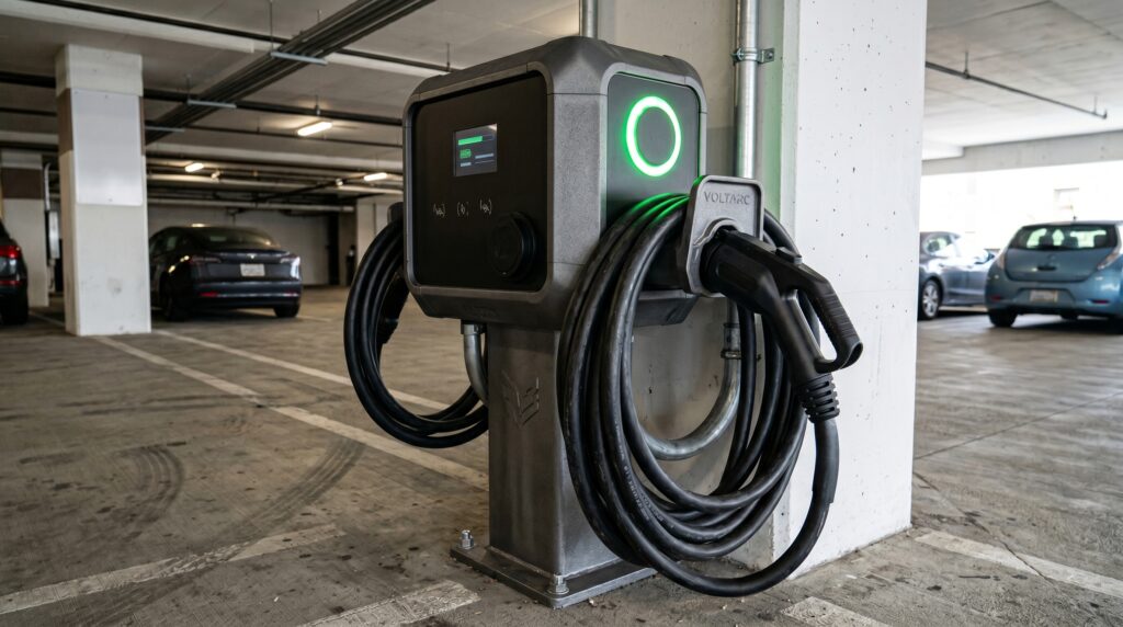 Close-up of durable destination charging station hardware wear-and-tear resistant design installed in a commercial hotel parking asset.
