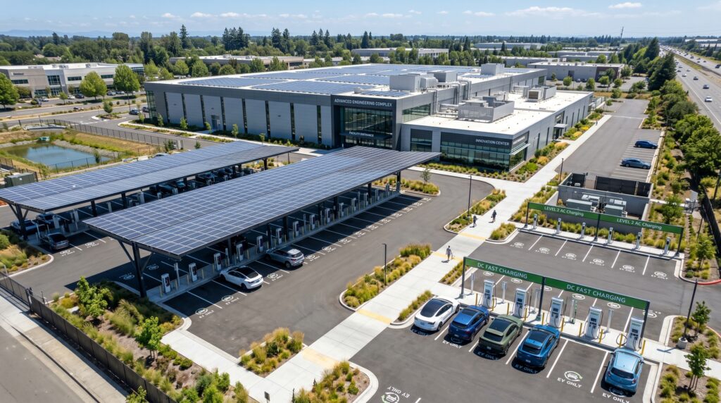 Commercial facility displaying proper electrical requirements for level 2 and dc fast charging stations under an outdoor solar canopy.