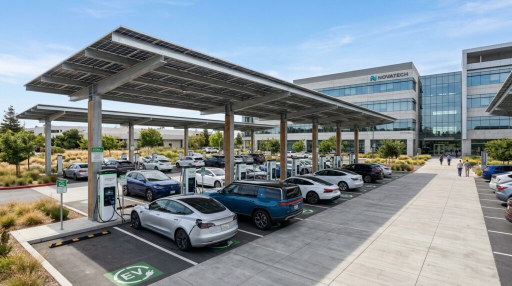 Modern corporate facility featuring premium EV Charging Stations Are Essential for commercial workplace infrastructure with integrated solar canopies.