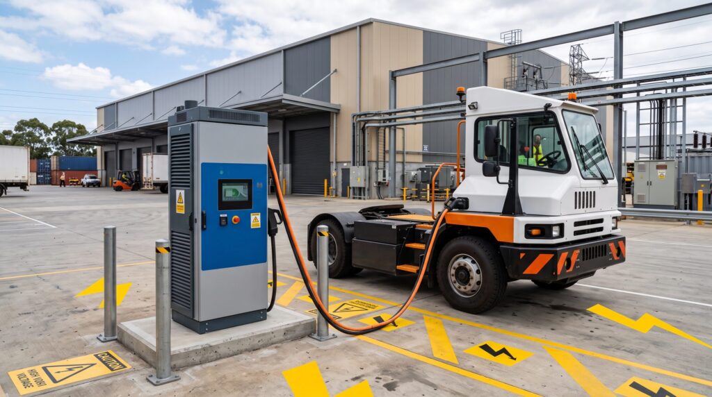 An outdoor industrial EV fleet power management station featuring heavy duty DC fast chargers and electrical infrastructure blocks positioned next to a commercial distribution yard warehouse.