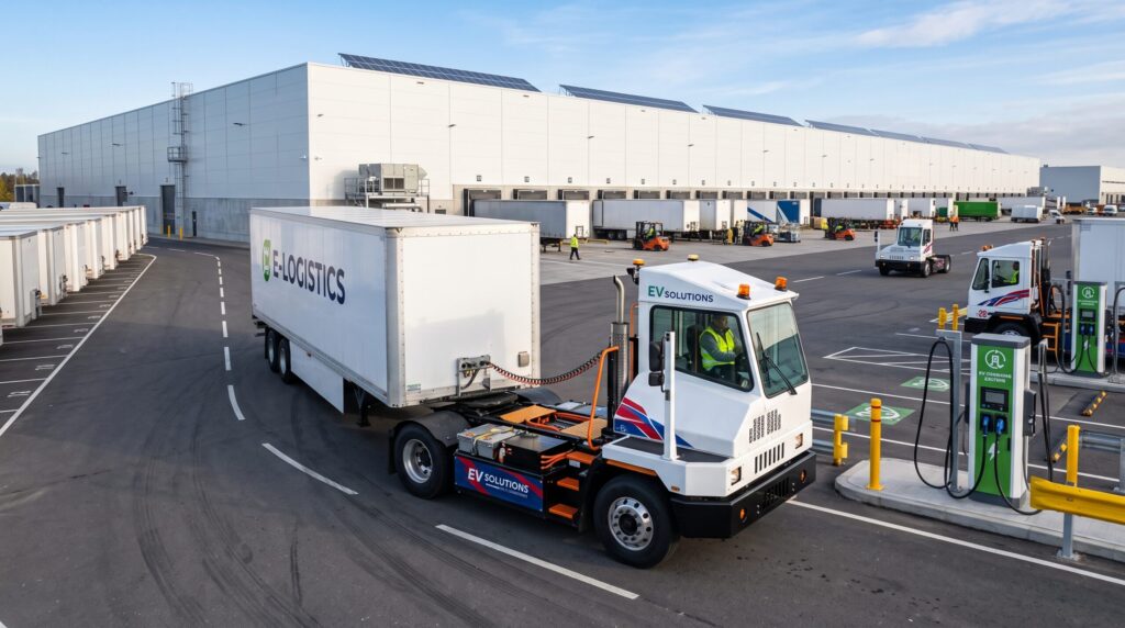 A large scale heavy-duty EV fleet deployment showcasing a purpose built electric terminal truck parked inside a commercial logistics hub next to industrial vehicle charging equipment.
