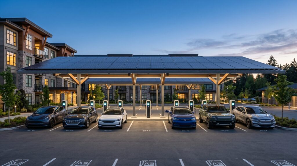 A premium multi-family residential facility layout displaying robust Home EV Charging Infrastructure.