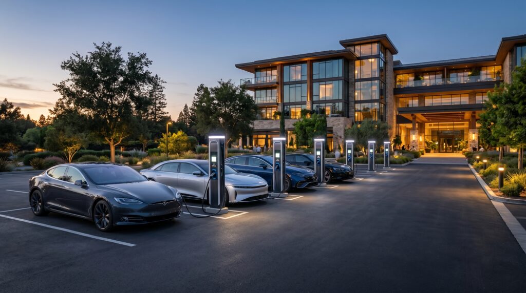 Modern hotel EV charging infrastructure commercial investment showcasing commercial grade destination chargers in a luxury resort parking lot.