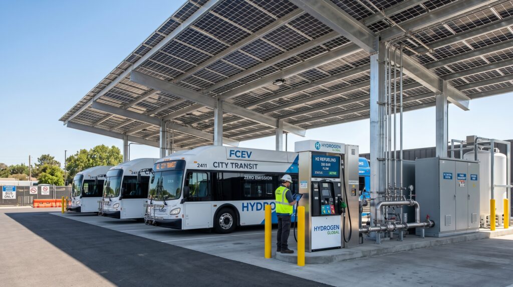 Fleet of zero emission vehicles under a solar canopy during a hydrogen buses procurement project rollout.