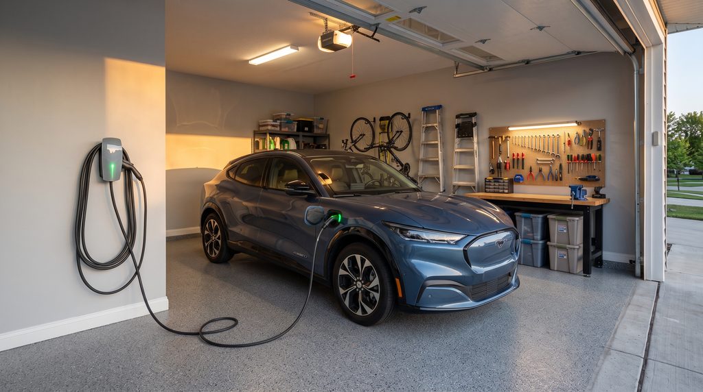 Modern electric vehicle plugged into home garage wall box meeting Level 2 EV charger electrical requirements