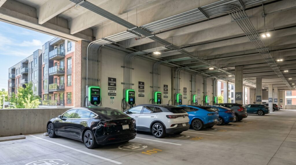 Modern multi family charging networks installed along a clean concrete wall in an apartment parking structure under bright LED lighting.