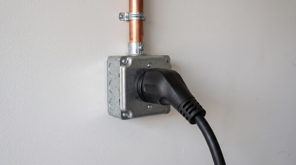 Heavy-duty NEMA 14-50 wall receptacle wired for a Level 2 home charger in a residential garage