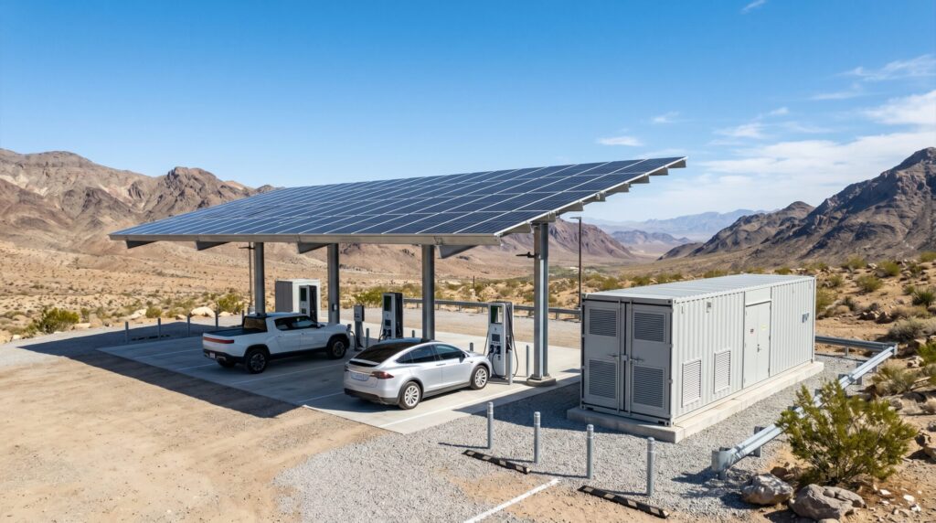 Advanced off grid EV charging infrastructure station operating under solar canopies in a rugged travel corridor.