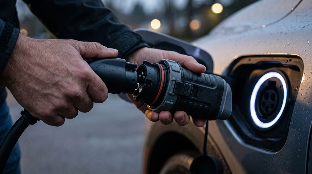 Modern electric cars connected to a hotel destination charging station in an overnight lodging parking lot.