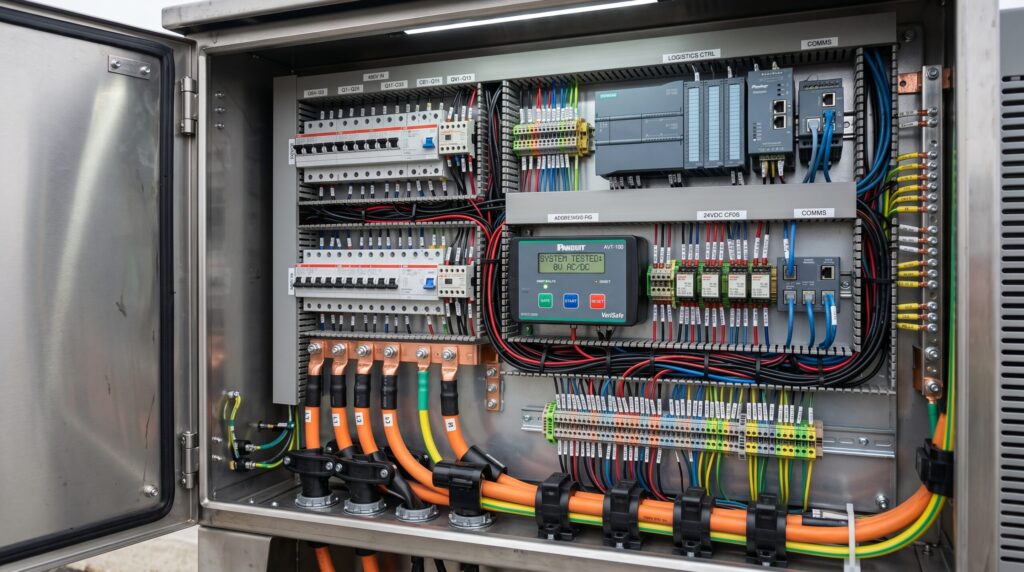 Detailed view of heavy duty copper power components inside an electrical cabinet optimized for remote charging station logistics.
