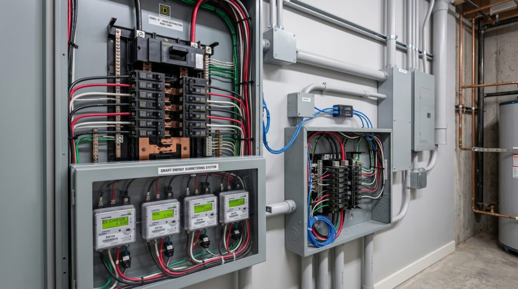 Close-up of a commercial electrical subpanel illustrating residential electrical infrastructure upgrades for smart power distribution.