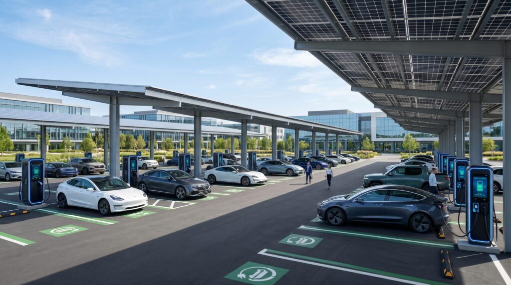 Hardened industrial enclosure housing scalable EV charging infrastructure assets at a commercial fleet depot.