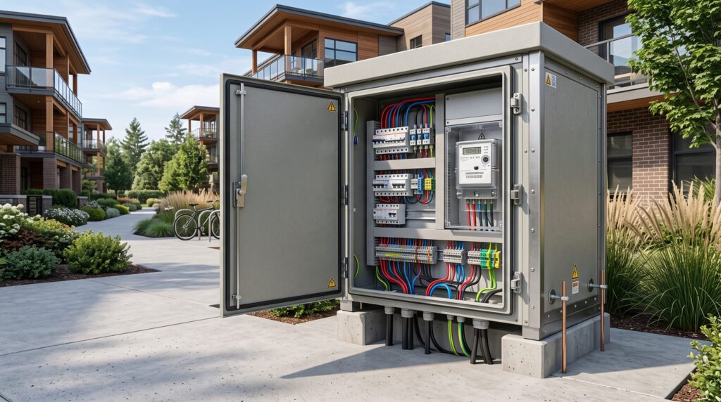 A detailed technical shot of a residential electrical sub-panel enclosure constructed with structural insulated panels to protect smart EV charging infrastructure.