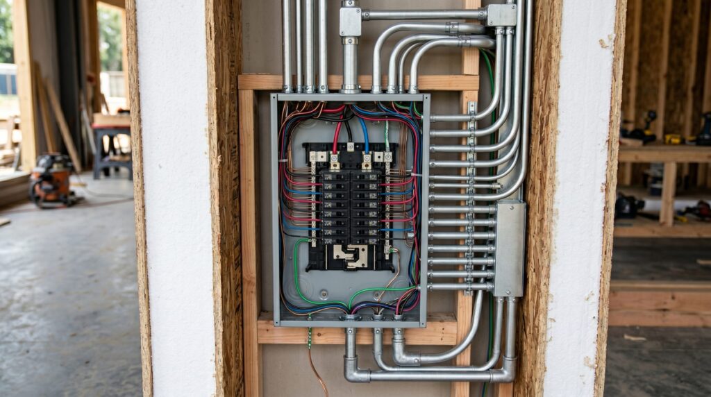 Close-up detail of structural insulated panels forming a secure thermal shield around residential electrical subpanels.