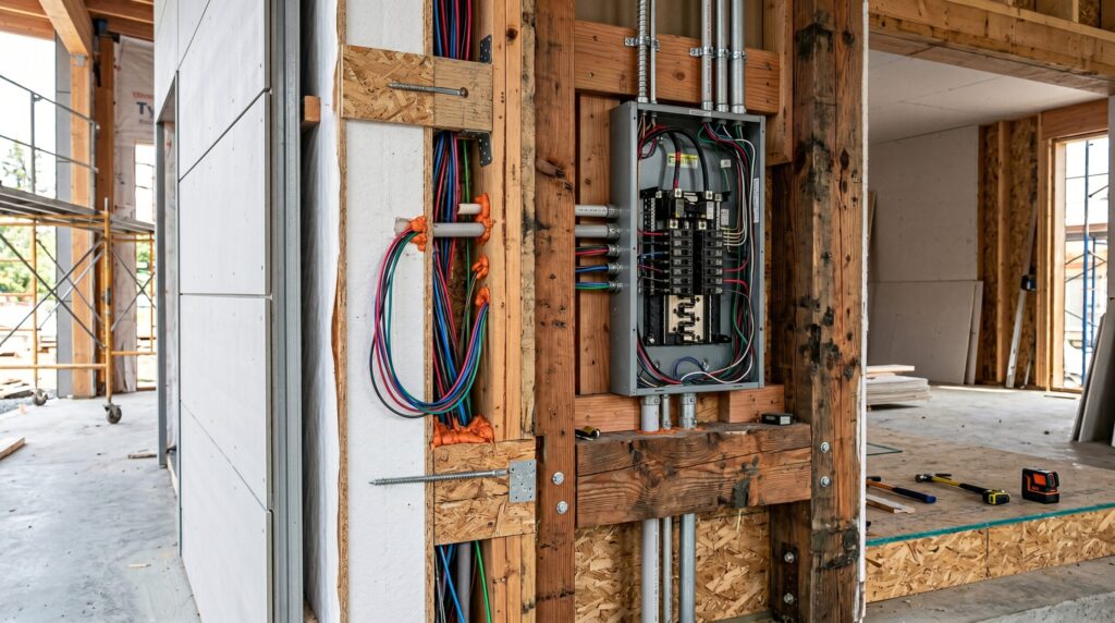 Cross-section detail of structural insulated panels providing high thermal efficiency insulation for an industrial energy storage facility enclosure.