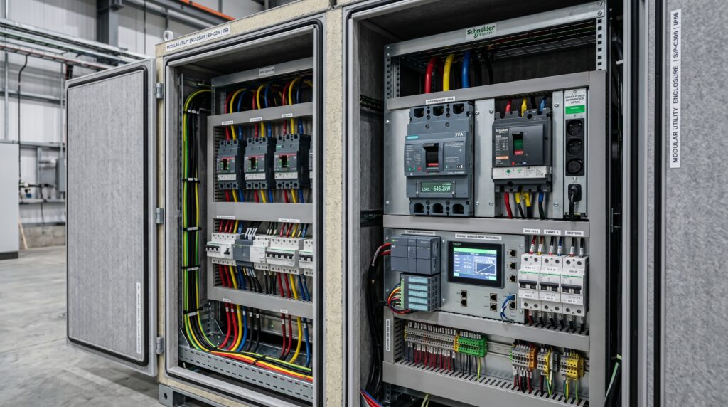 An onsite fuel generation hub showcasing sustainable transit infrastructure and smart power management enclosures.
