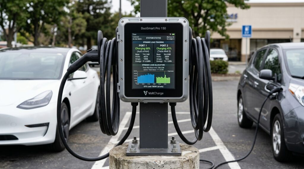 Technical close up of a dual port workplace charging infrastructure terminal with dynamic load tracking software interfaces.