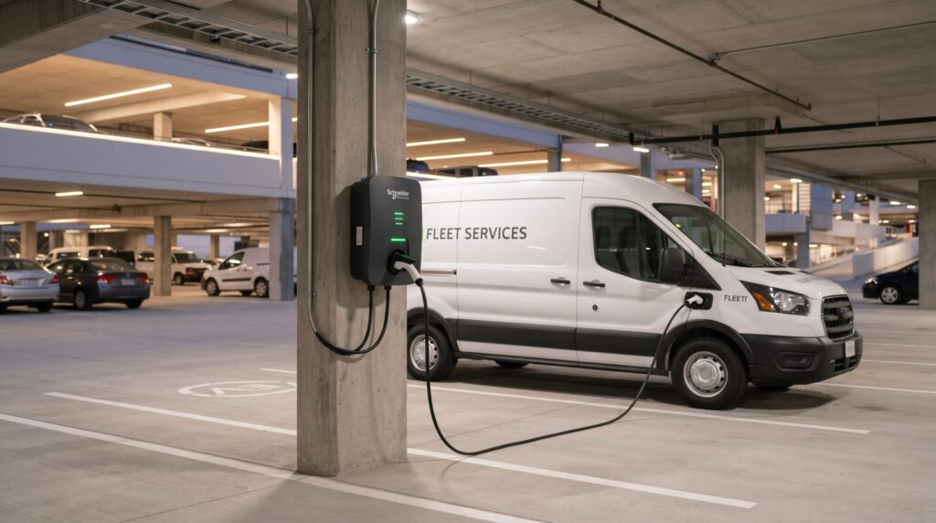 Commercial EV charger installation showing a Schneider Charge Pro station powering an electric vehicle fleet inside a commercial parking garage