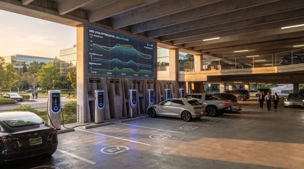 Modern commercial parking garage featuring commercial managed EV charging pedestals with digital power monitoring status displays.