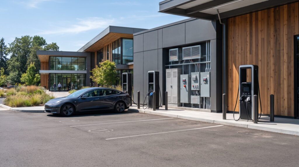 Text: Modern DC fast charging infrastructure installed next to commercial real estate building featuring advanced structural insulated panels.