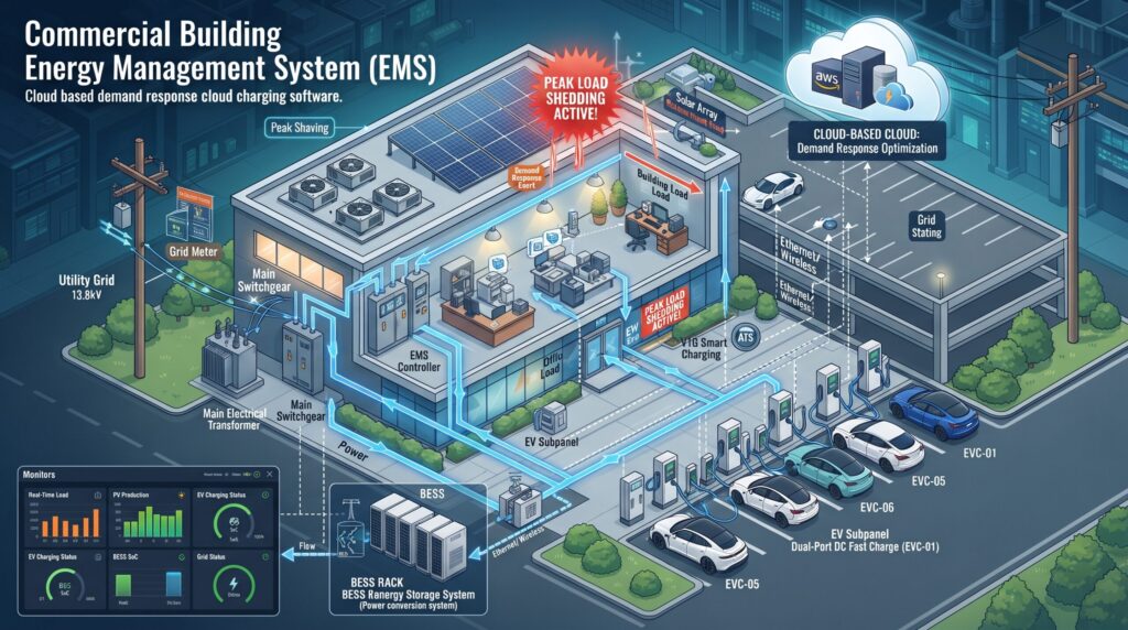 Isometric technical diagram of commercial demand response charging software showing power flow from utility transformers to EV charging stations with peak load shedding.