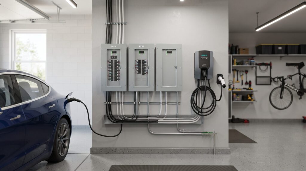 Eaton Smart Breakers installed in home electrical panel alongside residential EV charging system