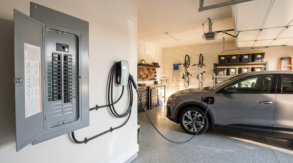 Eaton smart breakers revlutionize home charging in a suburban garage with an open electrical panel 