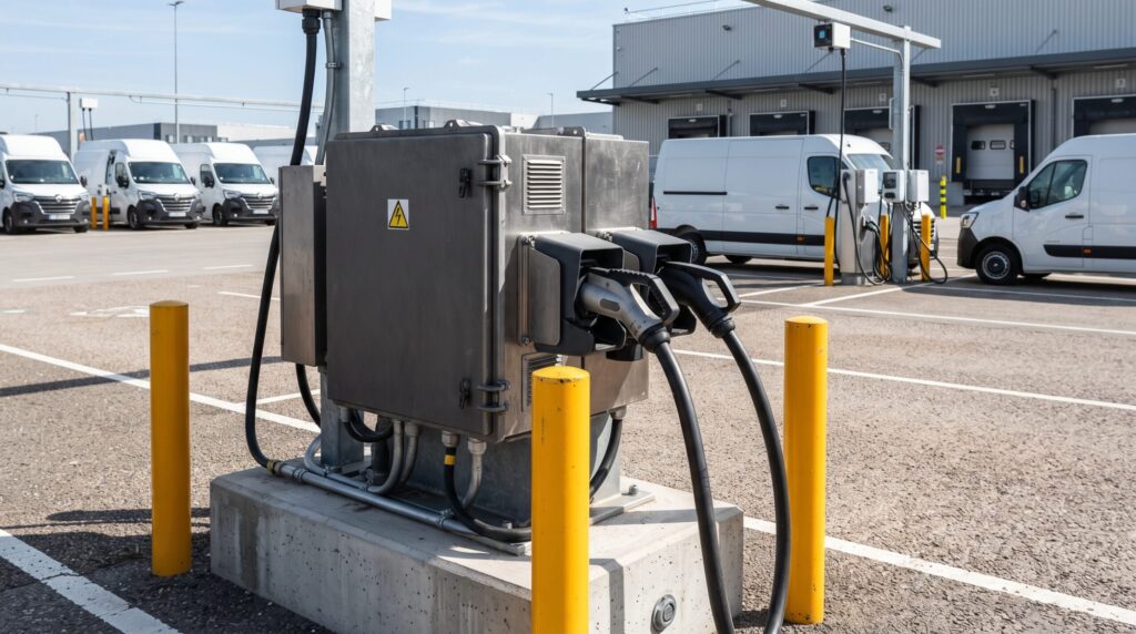 Modern light commercial EV fleet charging infrastructure featuring integrated commercial solar canopy structures and ultra fast delivery van bays