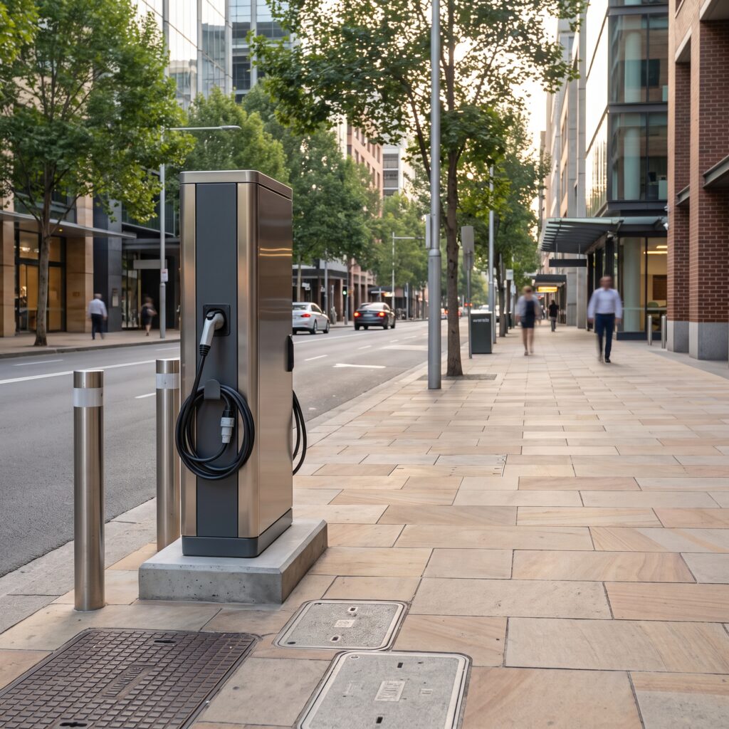 Modern urban street scene showcasing a standardized padmount kiosk unit built using the Kerbside EV Charging Design Guide framework.