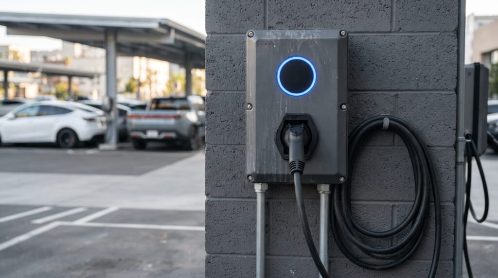 Schneider Charge Pro Level 2 commercial EV charger hardware with NEMA 4 housing mounted on a commercial building wall