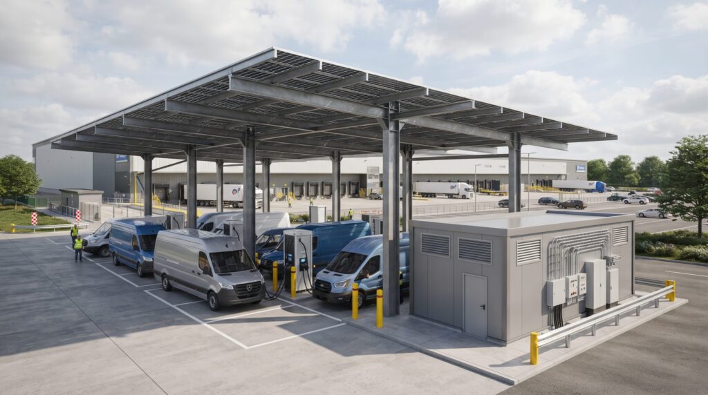Heavy duty fleet charging station hardware durability and power electronics enclosures at a commercial vehicle terminal yard