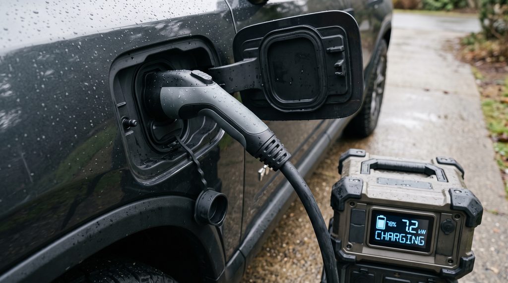 Close up view of an electric vehicle charging port connected to a cable with a portable solar panel for EV charging nearby