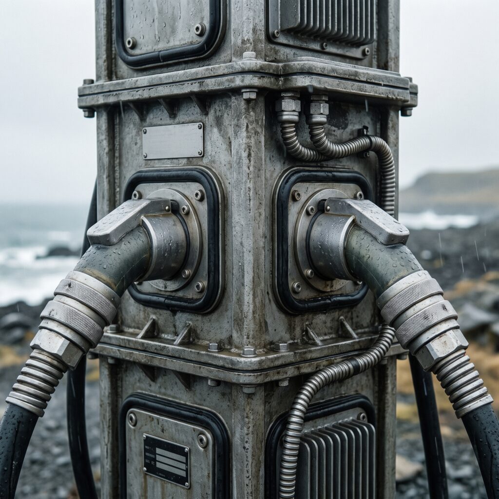 Weatherproof public charging infrastructure pedestal showing heavy duty casing and reinforced fluid cooled cable lines.