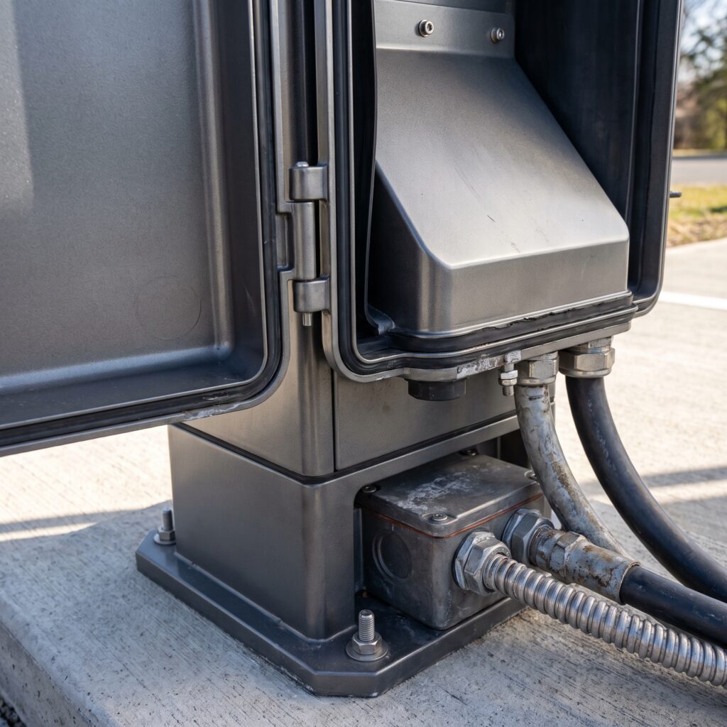 Weatherproof public charging infrastructure pedestal unit showing secure technical casing and electrical conduit entry points.