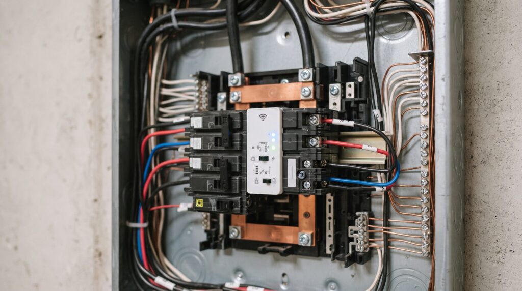 Eaton Smart Breaker module installed in a residential electrical panel for home EV charger load management
