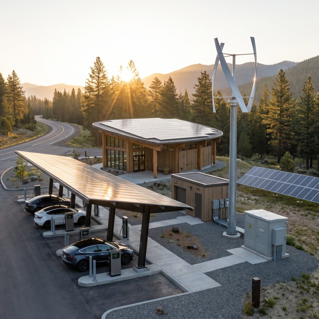 Remote highway rest stop featuring premium Standalone Hybrid Off-Grid EV Charging Stations with integrated structural solar canopies.