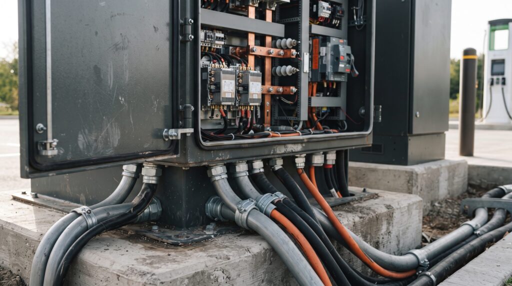 Modular commercial electric vehicle supply equipment power cabinet showing upfront capital expenditure value through heavy duty construction.