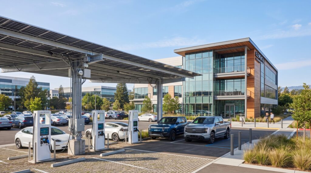 Bidirectional EV Charging Networks setup with solar canopy parking structure at a commercial real estate building