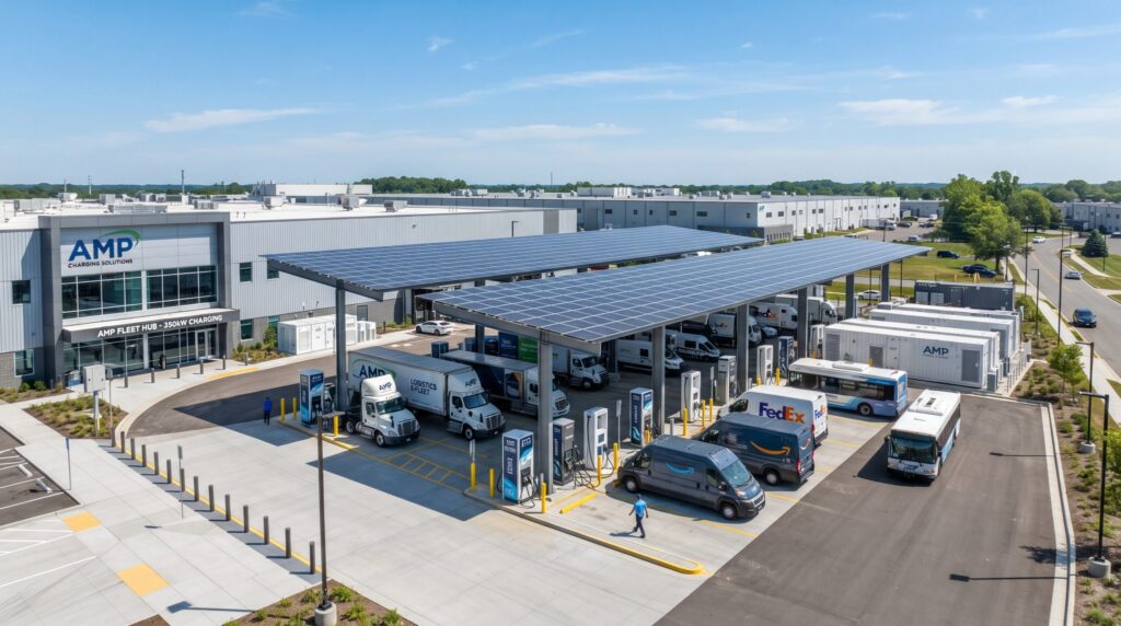 Commercial EV charger infrastructure setup at a modern commercial facility showing fast charging pedestals and solar canopy arrays