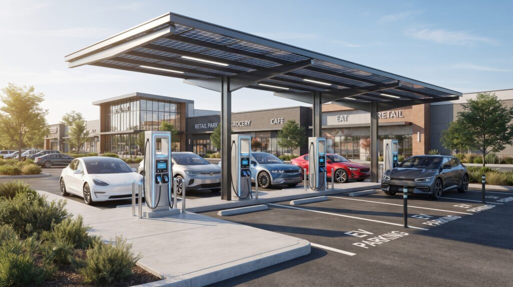 Corridor EV charging network station featuring solar canopies and multiple fast charging stalls along a major highway